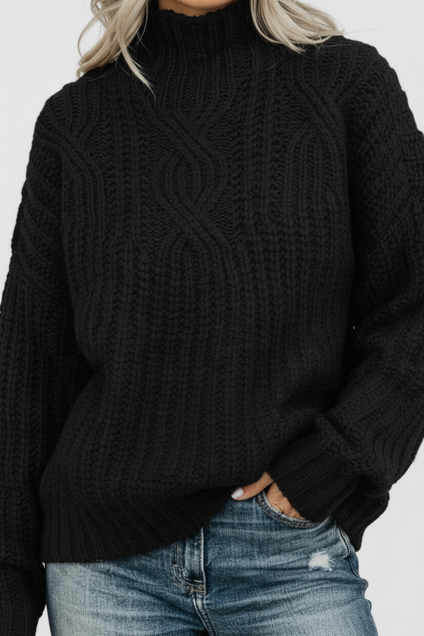 Sweter oversize z dzianiny o grubym splocie z półgolfem i długimi rękawami