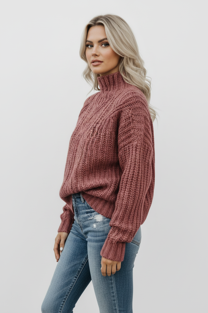 Sweter oversize z dzianiny o grubym splocie z półgolfem i długimi rękawami