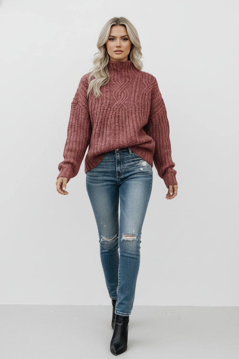 Sweter oversize z dzianiny o grubym splocie z półgolfem i długimi rękawami