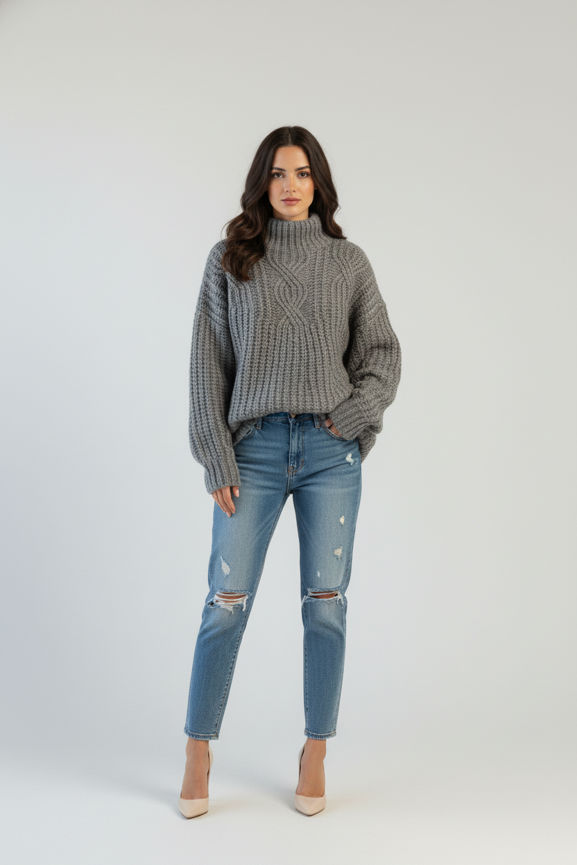 Sweter oversize z dzianiny o grubym splocie z półgolfem i długimi rękawami