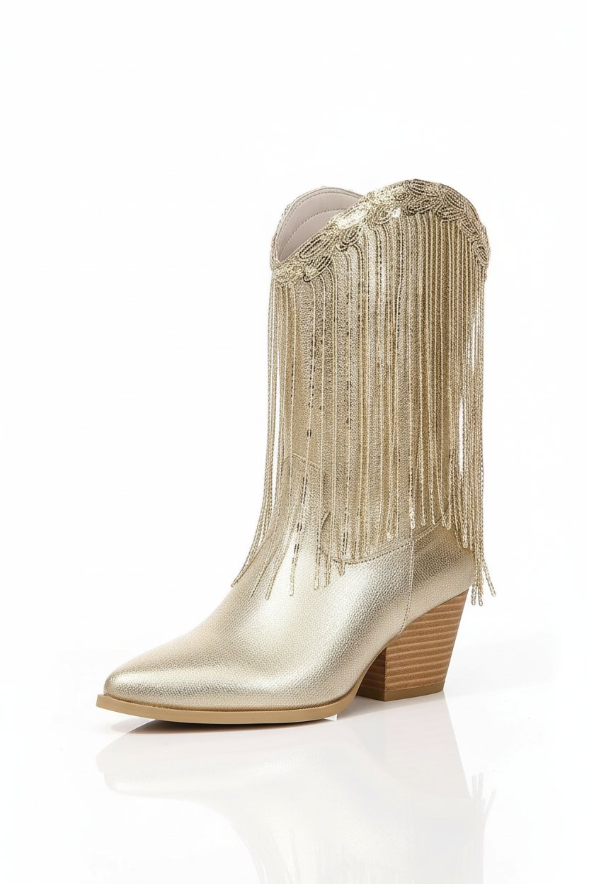 Botki damskie kowbojki na słupku z frędzlami i spiczastym noskiem