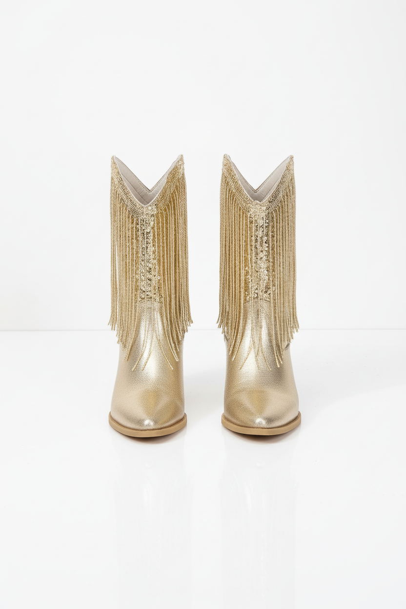 Botki damskie kowbojki na słupku z frędzlami i spiczastym noskiem