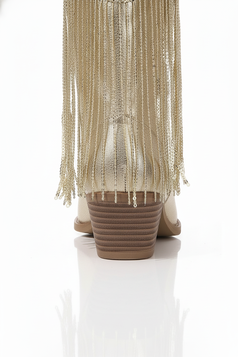 Botki damskie kowbojki na słupku z frędzlami i spiczastym noskiem