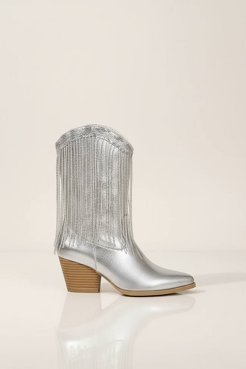 Botki damskie kowbojki na słupku z frędzlami i spiczastym noskiem