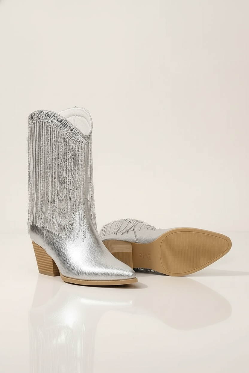 Botki damskie kowbojki na słupku z frędzlami i spiczastym noskiem