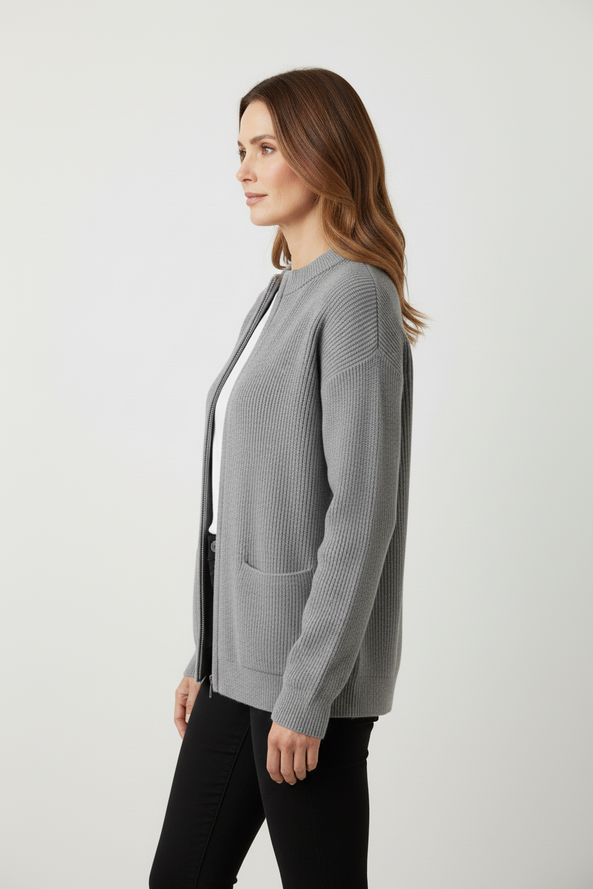 Dzianinowy kardigan zapinany na zamek z okrągłym dekoltem i kieszeniami