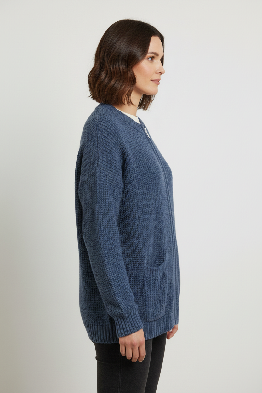 Dzianinowy kardigan zapinany na zamek z okrągłym dekoltem i kieszeniami