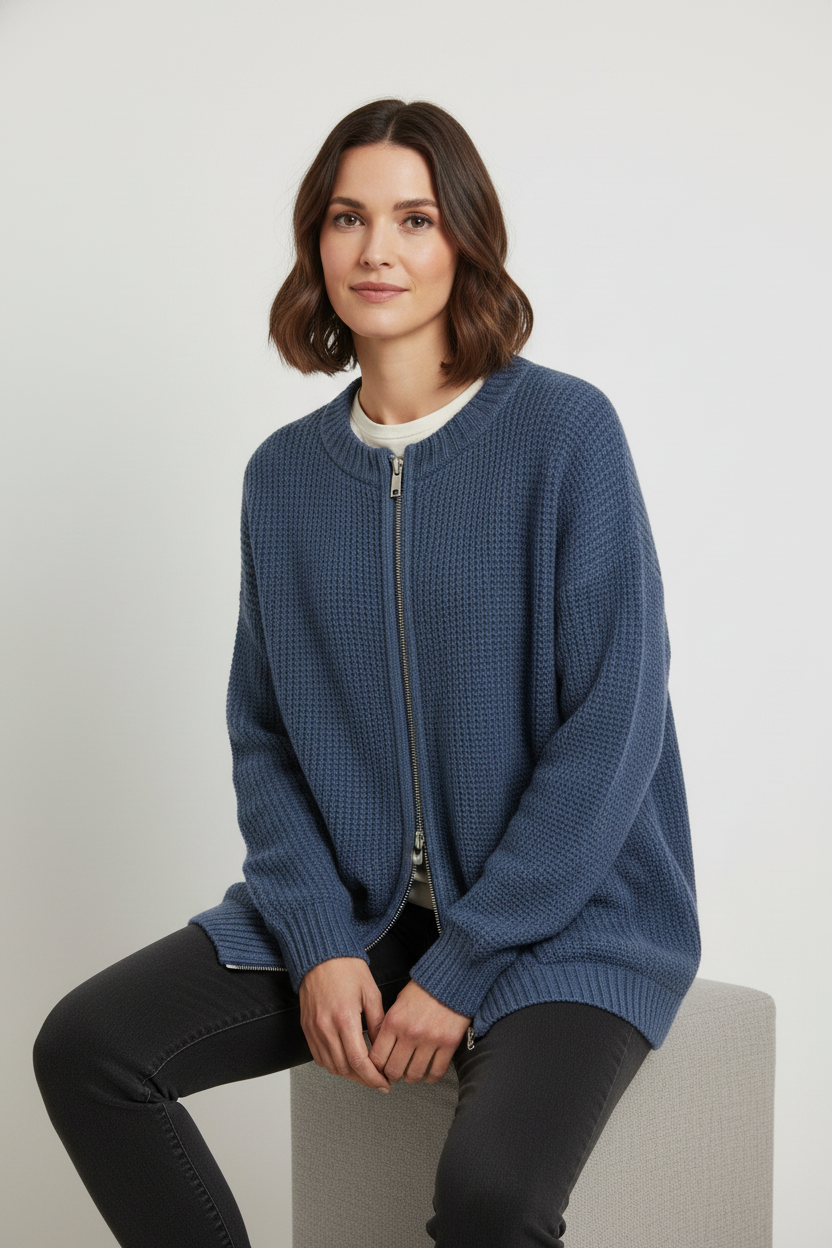 Dzianinowy kardigan zapinany na zamek z okrągłym dekoltem i kieszeniami