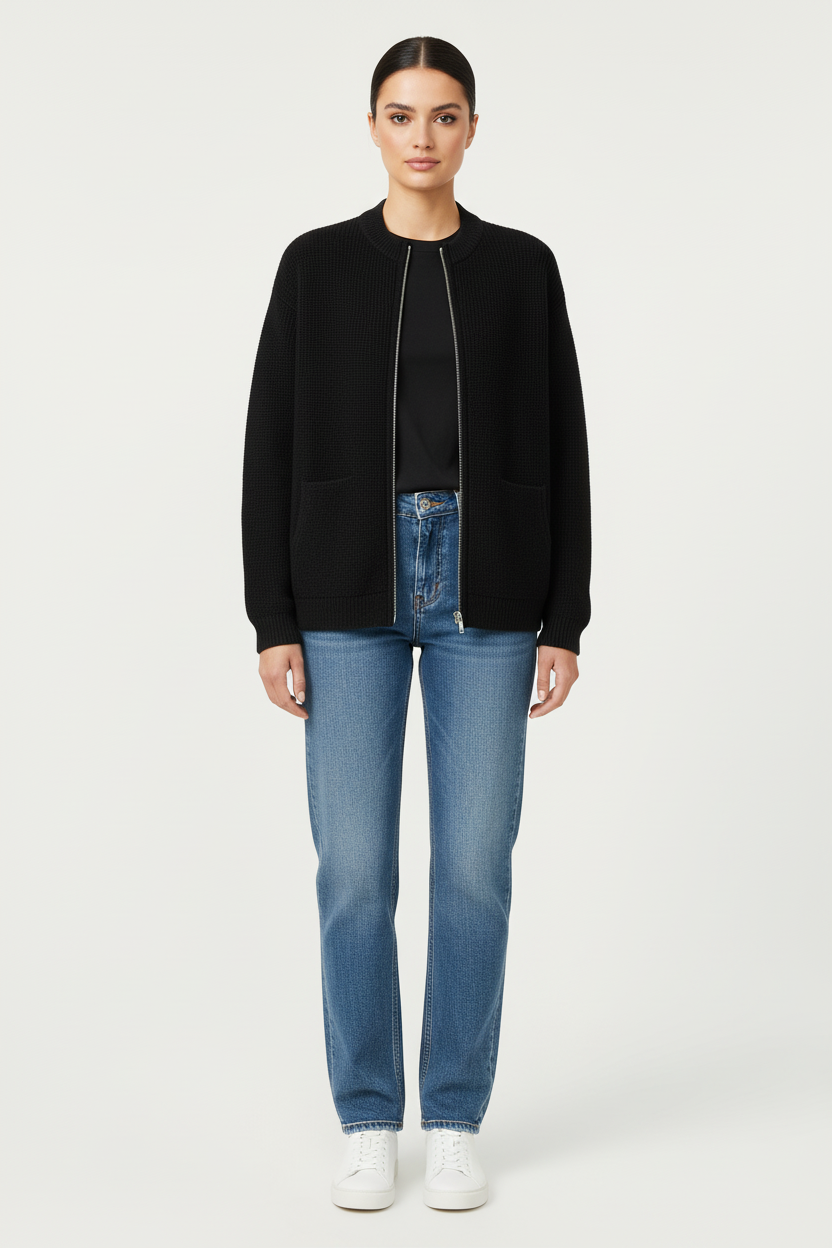 Dzianinowy kardigan zapinany na zamek z okrągłym dekoltem i kieszeniami