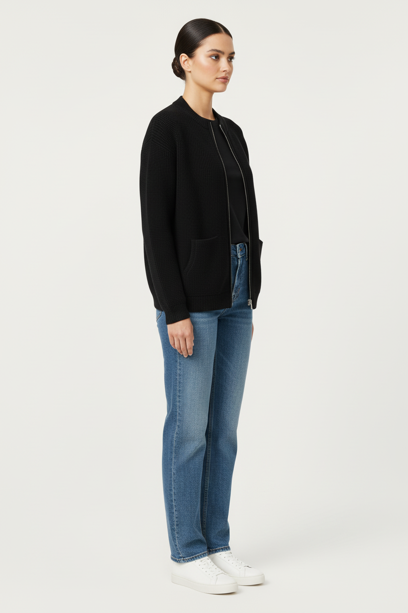 Dzianinowy kardigan zapinany na zamek z okrągłym dekoltem i kieszeniami