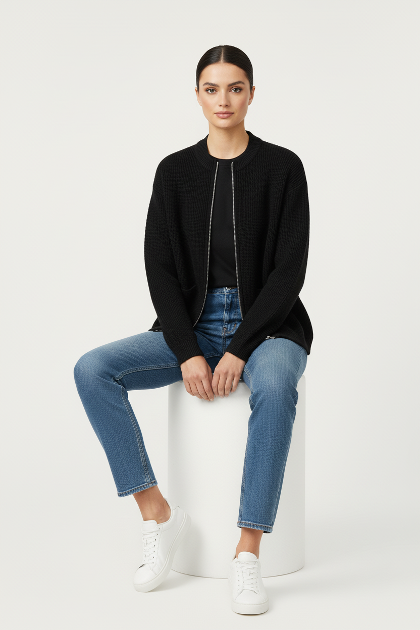 Dzianinowy kardigan zapinany na zamek z okrągłym dekoltem i kieszeniami