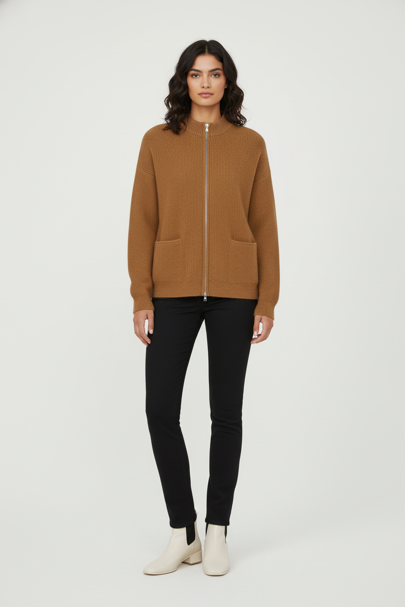 Dzianinowy kardigan zapinany na zamek z okrągłym dekoltem i kieszeniami