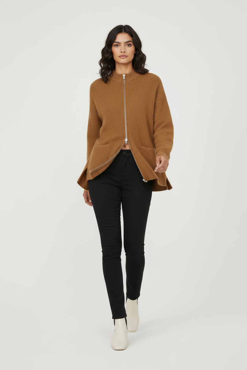 Dzianinowy kardigan zapinany na zamek z okrągłym dekoltem i kieszeniami