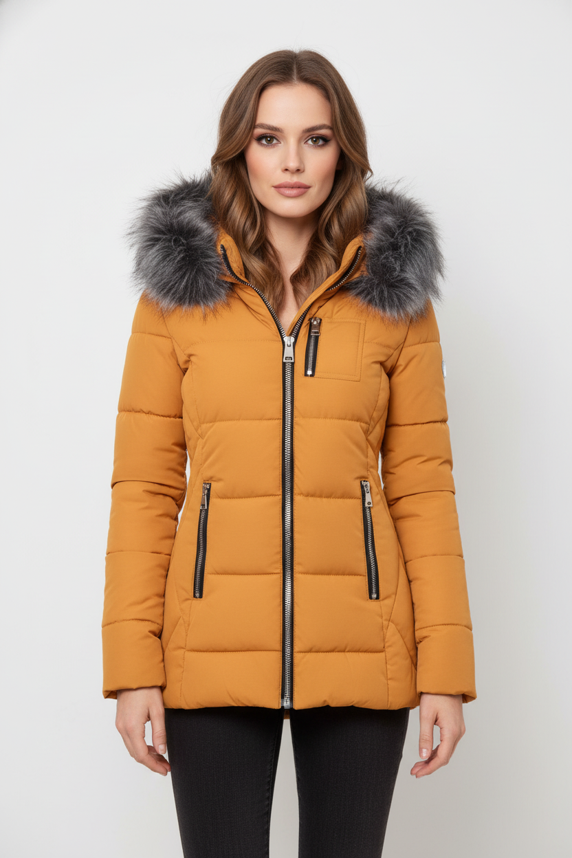 Pikowana kurtka taliowana z kapturem obszytym sztucznym futrem zapinana na zamek