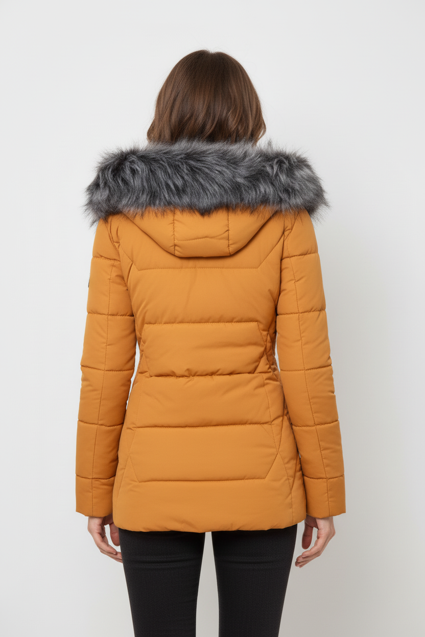 Pikowana kurtka taliowana z kapturem obszytym sztucznym futrem zapinana na zamek
