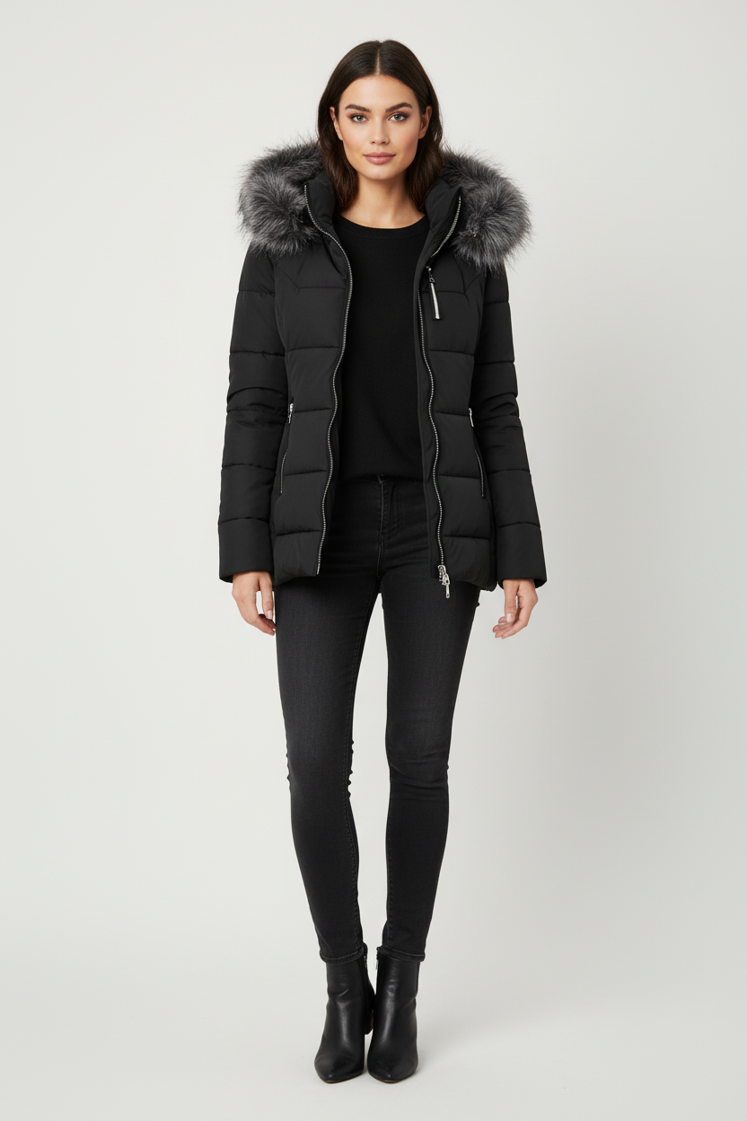 Pikowana kurtka taliowana z kapturem obszytym sztucznym futrem zapinana na zamek