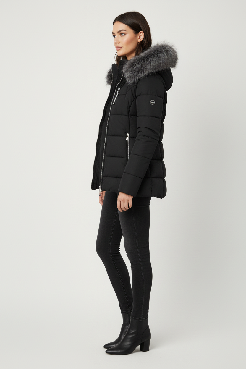 Pikowana kurtka taliowana z kapturem obszytym sztucznym futrem zapinana na zamek