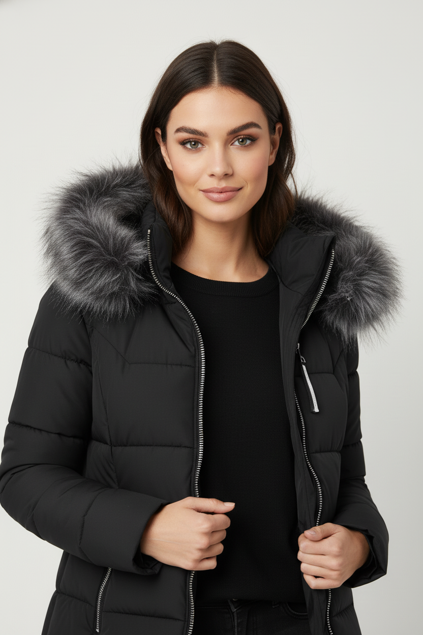 Pikowana kurtka taliowana z kapturem obszytym sztucznym futrem zapinana na zamek