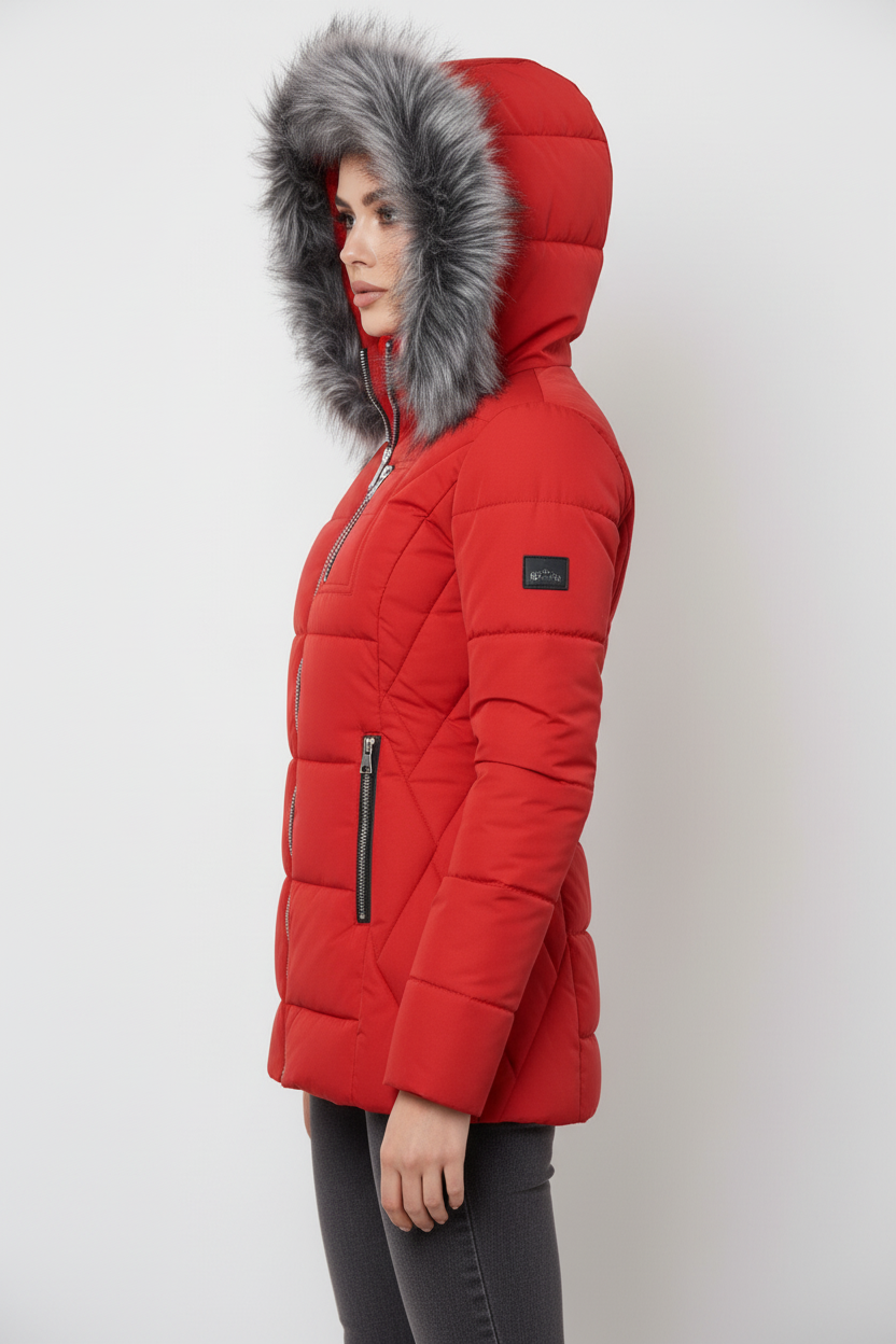 Pikowana kurtka taliowana z kapturem obszytym sztucznym futrem zapinana na zamek