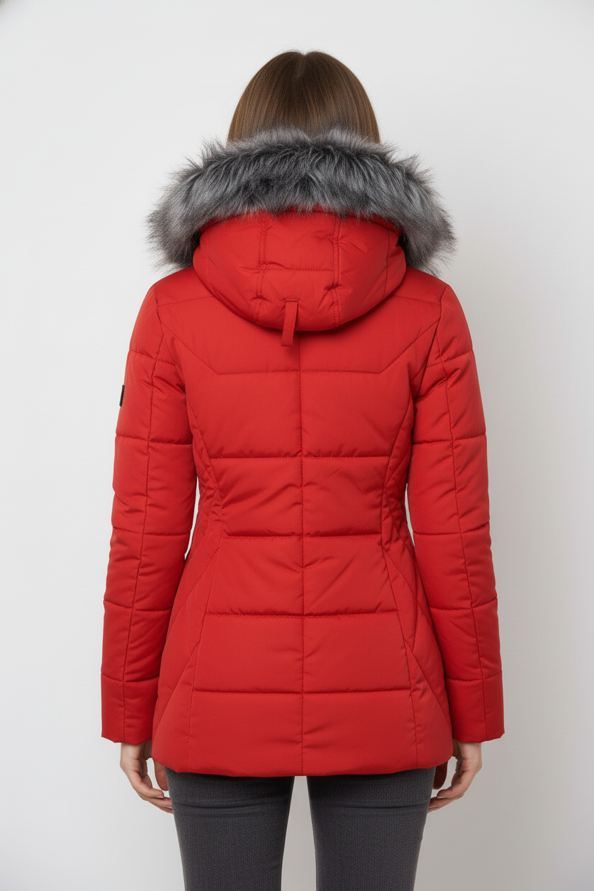 Pikowana kurtka taliowana z kapturem obszytym sztucznym futrem zapinana na zamek
