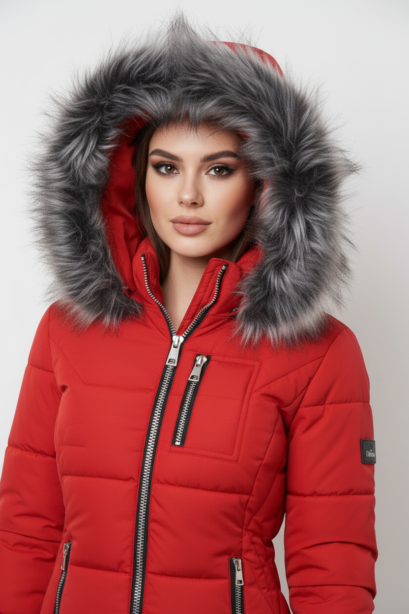 Pikowana kurtka taliowana z kapturem obszytym sztucznym futrem zapinana na zamek