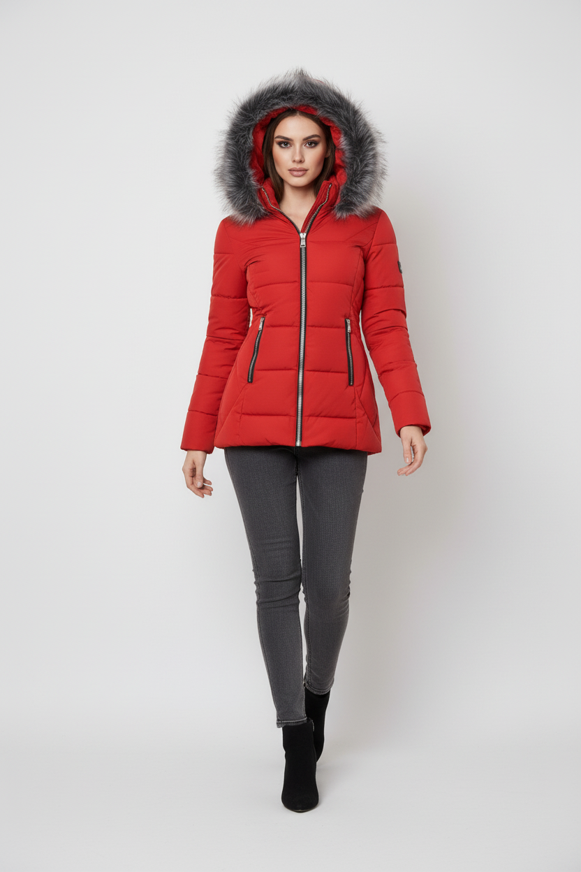 Pikowana kurtka taliowana z kapturem obszytym sztucznym futrem zapinana na zamek