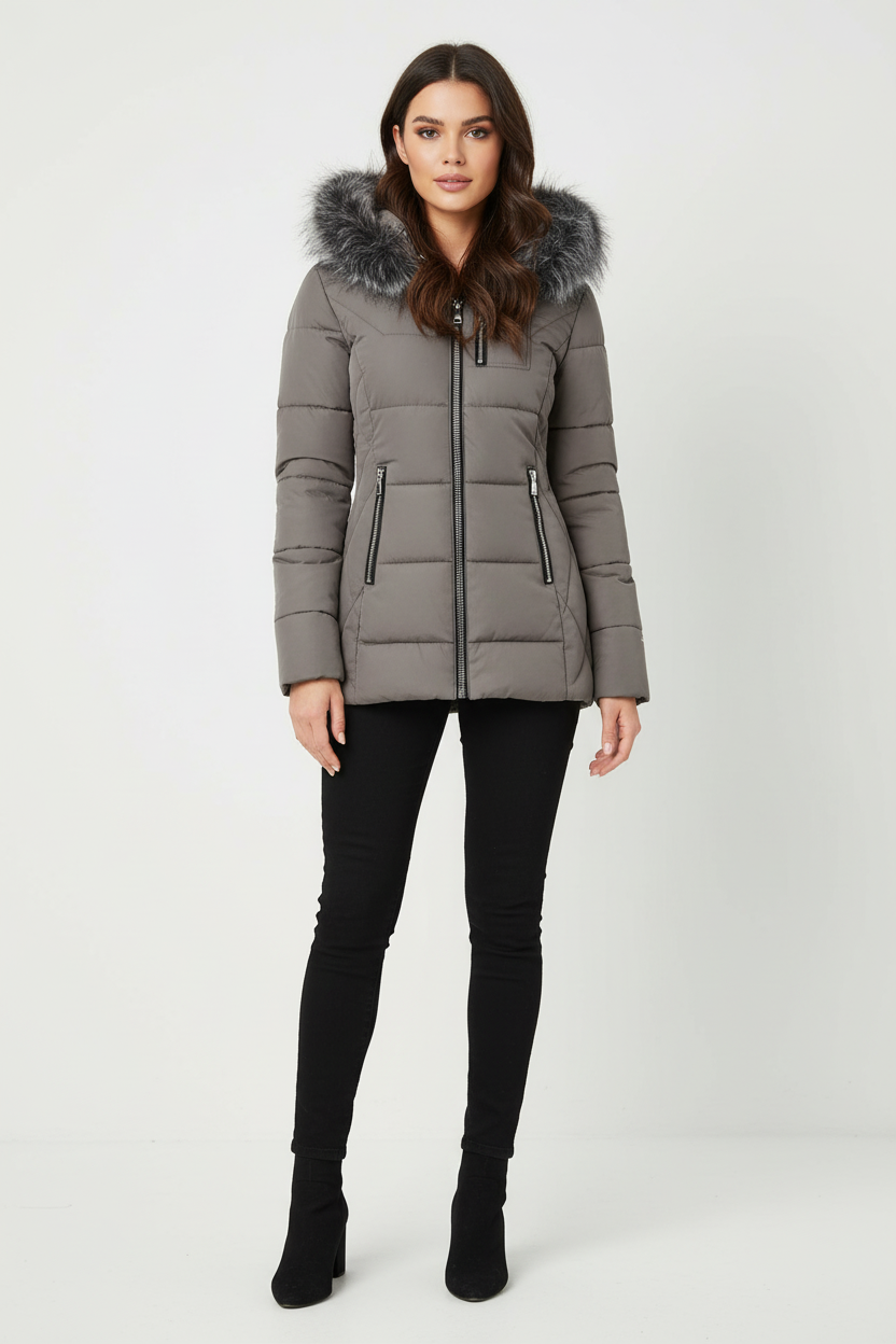 Pikowana kurtka taliowana z kapturem obszytym sztucznym futrem zapinana na zamek