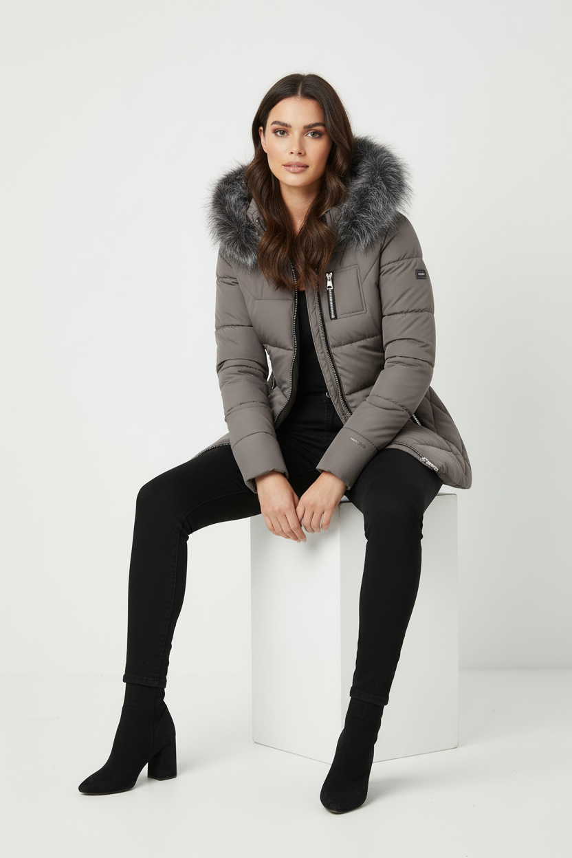 Pikowana kurtka taliowana z kapturem obszytym sztucznym futrem zapinana na zamek