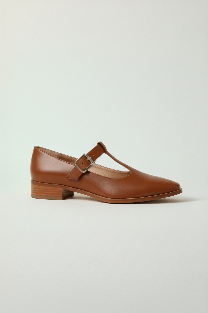 Czółenka mary jane na niskim słupku z paskiem T i zaokrąglonym noskiem