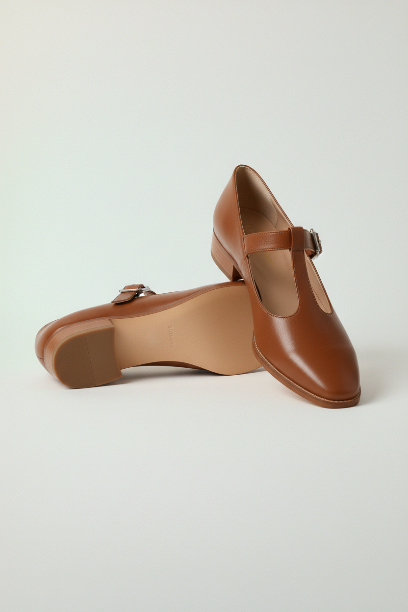 Czółenka mary jane na niskim słupku z paskiem T i zaokrąglonym noskiem