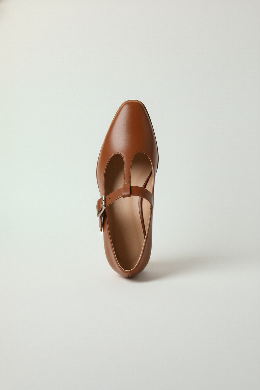 Czółenka mary jane na niskim słupku z paskiem T i zaokrąglonym noskiem