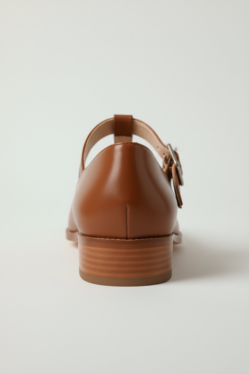 Czółenka mary jane na niskim słupku z paskiem T i zaokrąglonym noskiem