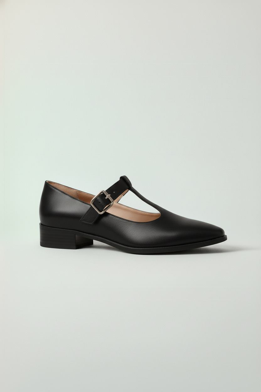 Czółenka mary jane na niskim słupku z paskiem T i zaokrąglonym noskiem