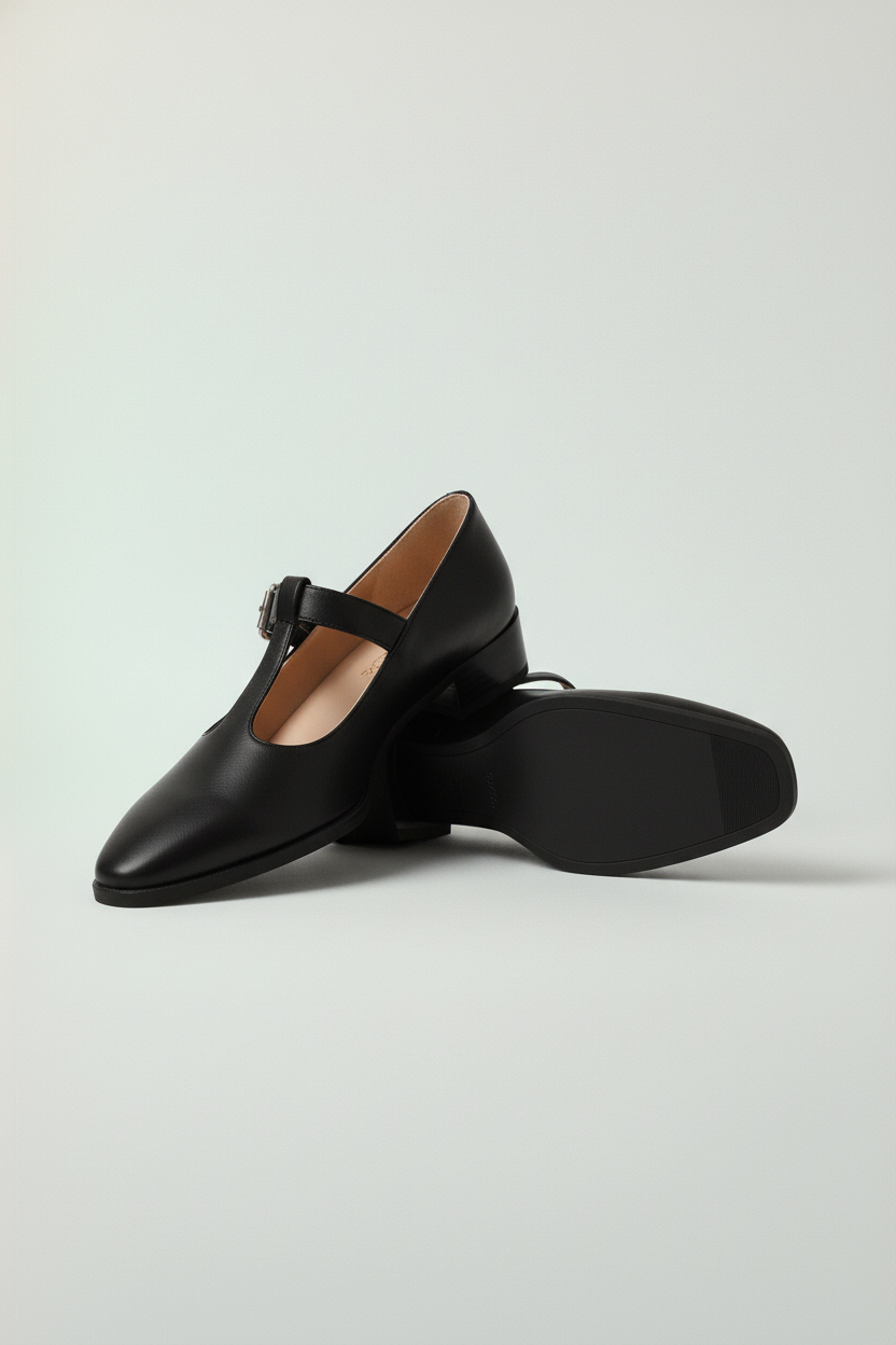 Czółenka mary jane na niskim słupku z paskiem T i zaokrąglonym noskiem