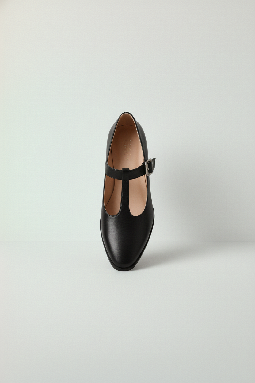 Czółenka mary jane na niskim słupku z paskiem T i zaokrąglonym noskiem