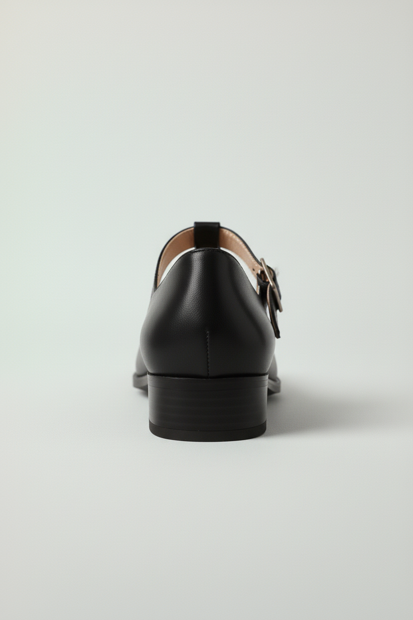 Czółenka mary jane na niskim słupku z paskiem T i zaokrąglonym noskiem