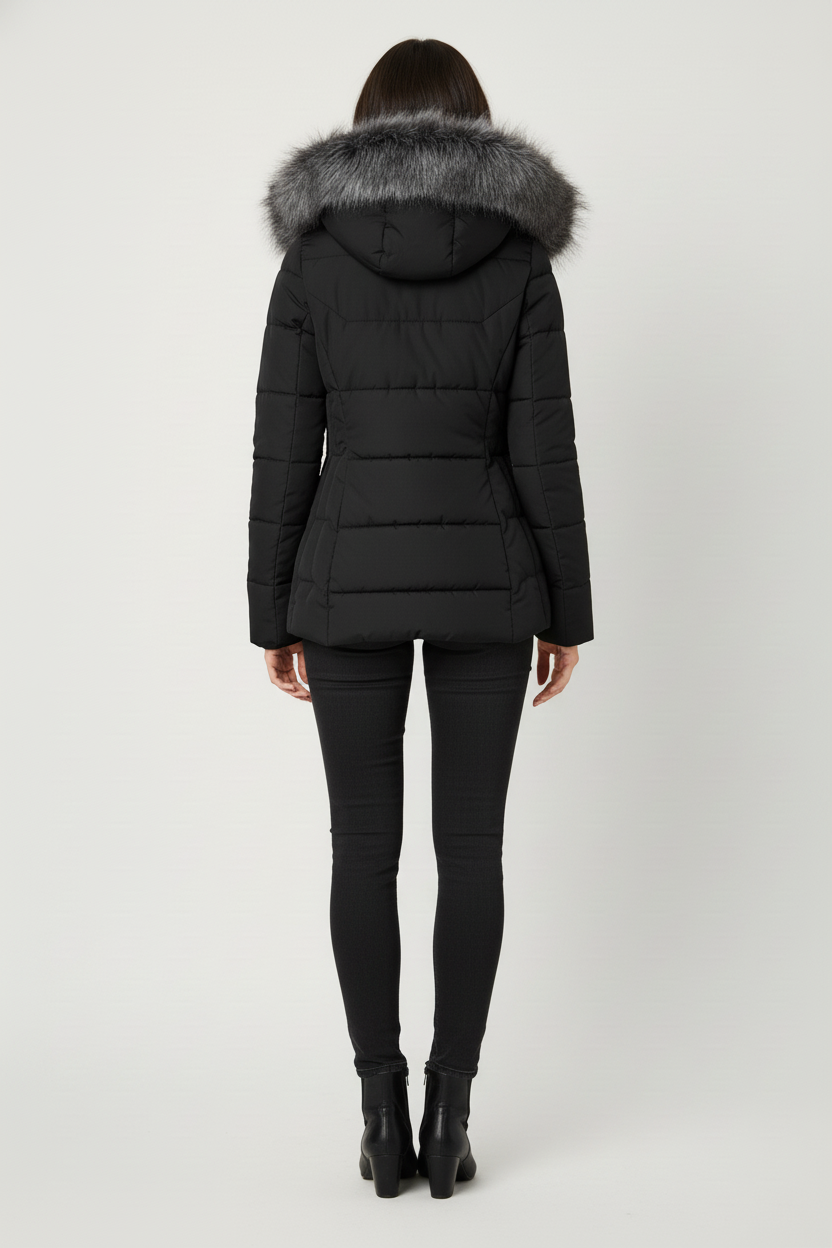 Pikowana kurtka taliowana z kapturem obszytym sztucznym futrem zapinana na zamek